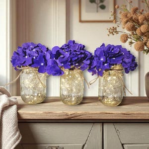 Clear Ball Mason Jar With Fairy Lights & Hydrangea Flowers, Romantic Theme, Light Up Jars, Rustic Farmhouse, Wedding Table Centerpiece Decor