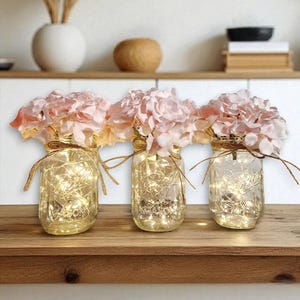 Clear Mason Jars With Fairy Lights & Hydrangea Flowers, Farmhouse Wedding, Light Up Jars, Romantic Theme, Rustic Wedding, Table Centerpieces