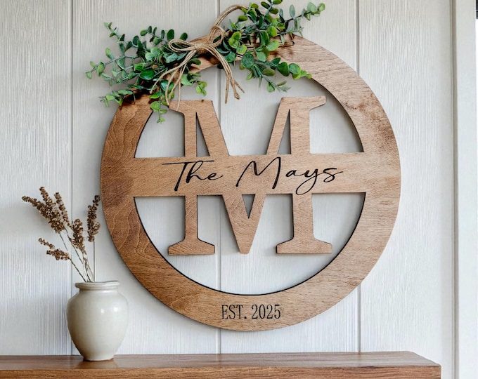 Rustic Wooden Family Last Name Sign, Laser Engraved, Round Initial Monogram Sign/Door Hanger, Modern Farmhouse Custom Wood Wall Decor/Gifts