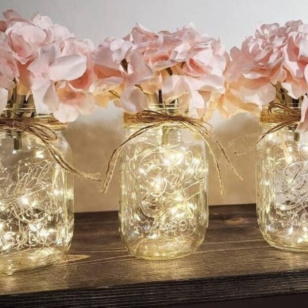 Fairy Lit Mason Jars With Hydrangeas, Mason Jar Lights, Farmhouse Table Decor, Wedding Decor, Event Table Centerpiece, Vintage/Cottage Core