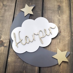 Custom Moon Stars & Cloud Sign, Celestial Nursery Decor, Personalized Name Sign, Wood Moon and Stars Wall Art,Boho Nursery,Stacked Wood Sign