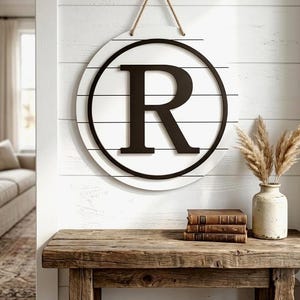 Custom Wooden Initial Sign Round, Monogram Letter & Circle Outline, Personalized Family Name Sign/Door Hanger, Rustic Farmhouse Decor, Gifts