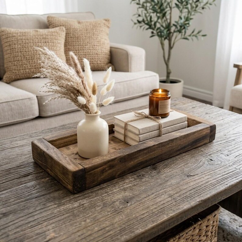 Custom Handmade Rustic Wood Country Style Coffee/Ottoman Tray, Farmhouse Dining Table Decor, Solid Wood Organizer, Serving Tray/Catchall Box image 10