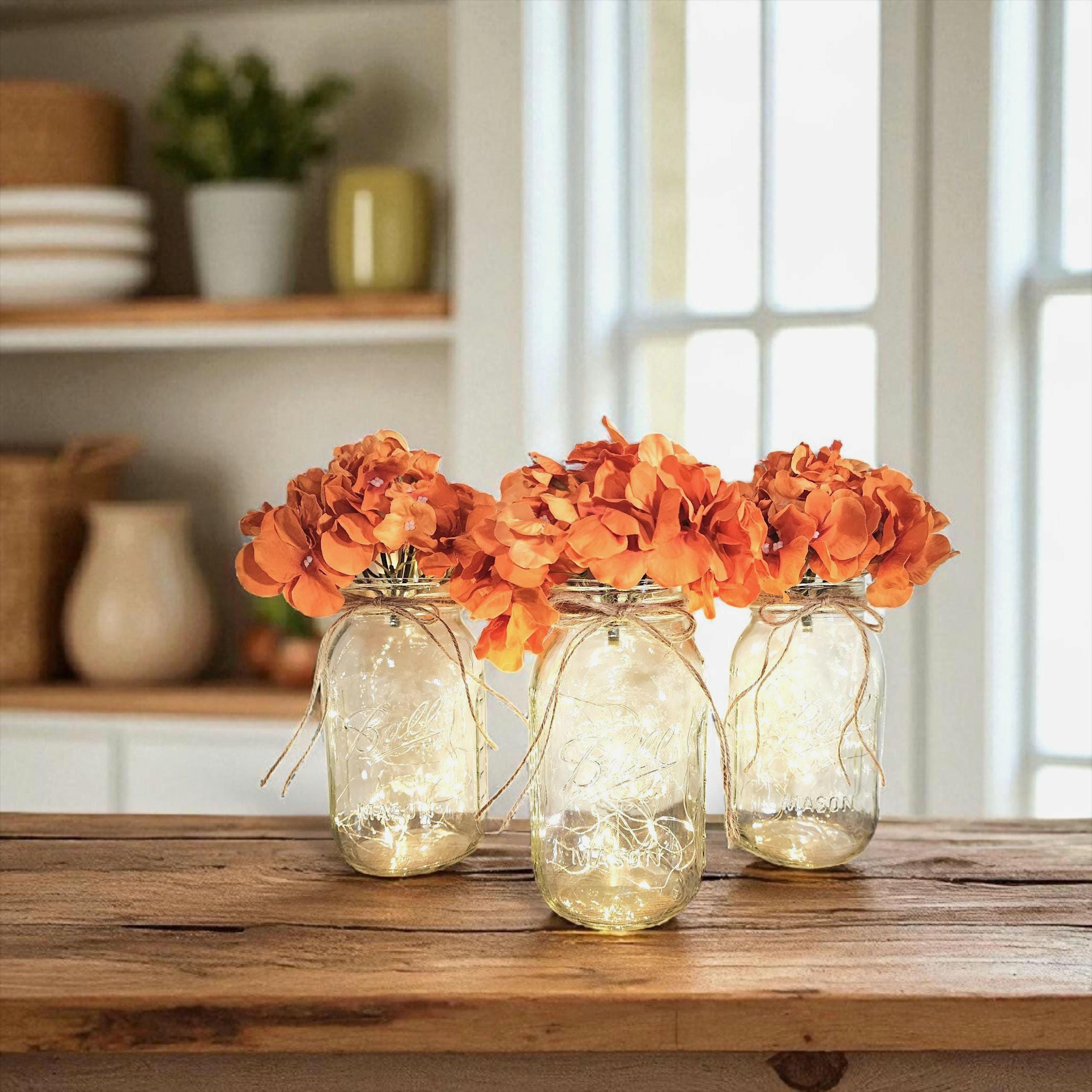 Farmhouse Decor Lit Floral Jar Centerpiece Set, 3 Clear Jars With