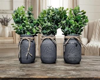 Set of 3 Distressed Mason Jars With Eucalyptus, Vintage Style, Chalk Painted, Flower Arrangement, Mason Jar Decor, Farmhouse Chic Home Decor
