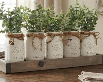 5 Jar Eucalyptus Centerpiece, Rustic Farmhouse, Mason Jar Table Decor, Wooden Planter Box, Distressed Ball Jars, Rustic Wedding Centerpiece