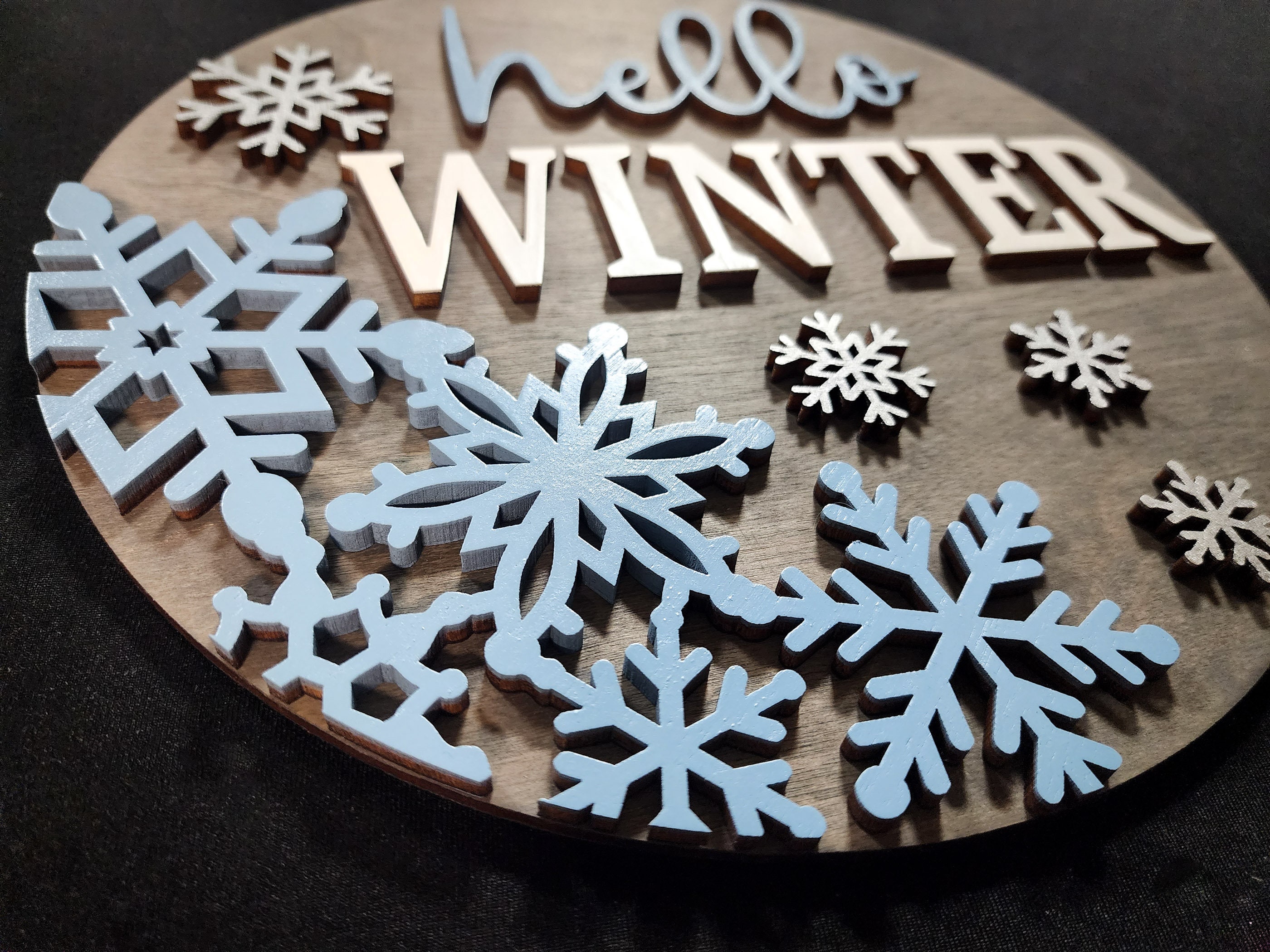 Hello Winter Door Sign - Christmas Snowflakes Blue Scarf Wooden Porch Decoration 12x12"