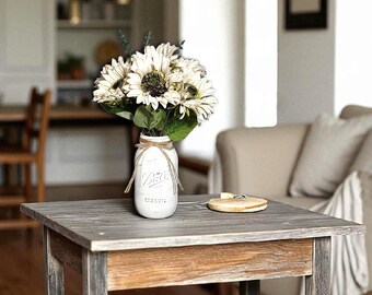 Distressed Ball Jar With White Sunflowers & Eucalyptus, Sunflower Bouquet, Wedding Table Centerpiece, Flower Jar, Mason Jar Decor, Boho Chic