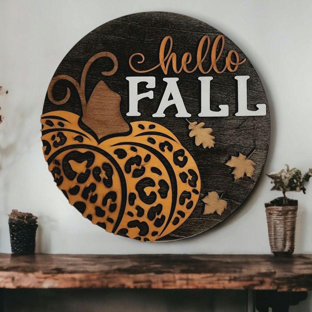 Hello Fall Sign, Wood Fall Round, Wire Pumpkins, Autumn Leaves, Fall ...