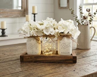 Lighted 3 Jar Hydrangea Flower Centerpiece, Country Farmhouse, Mason Jar Decor, Wood Tray, Distressed Jars, Rustic Wedding/Event Table Decor