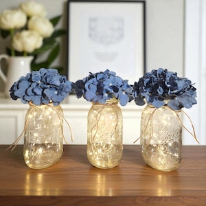 Clear Mason Jars With Lights And Flowers, Rustic Farmhouse, Lit Table Centerpiece, Romantic Light Up Jars, Wedding/Bridal/Baby Shower Decor