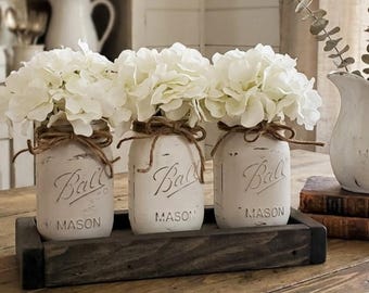 3 Jar Hydrangea Flower Centerpiece, Country Farmhouse Mason Jar Decor, Wooden Tray, Distressed Jar Arrangement, Rustic Wedding/Event Decor