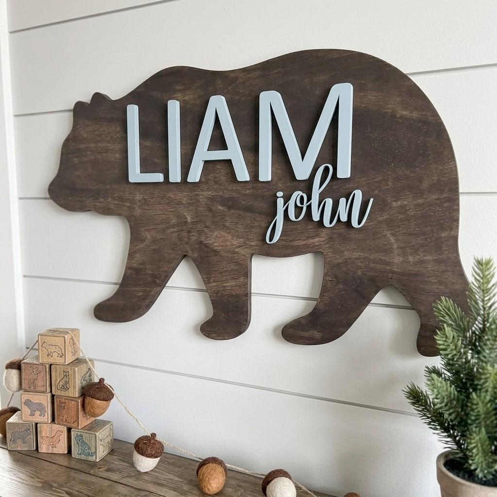 Custom Kids Wooden Bear 3D Cutout Name Sign, Rustic Farmhouse