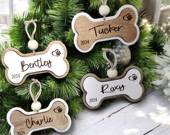 Dog Bone Ornament, Custom Engraved, Pet Name Ornament, Wooden Christmas Tree Decor, Laser Cut, Dog Christmas Ornaments, Boho, Dog Lover Gift