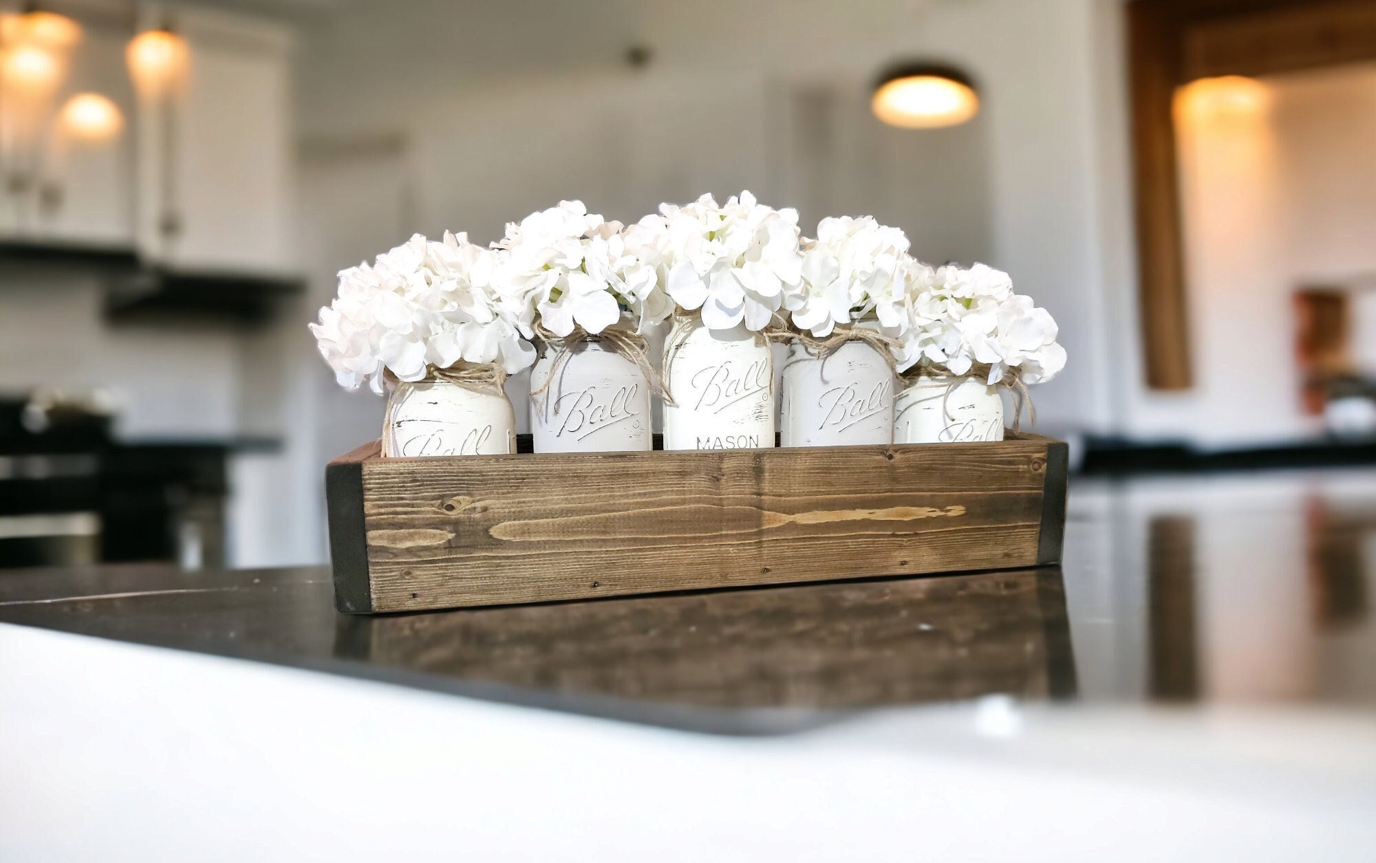 Rustic Wedding Centerpiece Distressed Jars Hydrangeas Mason 5 Jar Centerpieces Farmhouse Table Decor Rustic Wood Box White