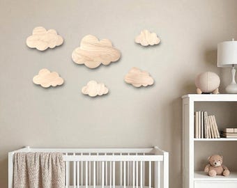 Natural Wood Cloud Sign Set, Boho Nursery Cloud Decor, Modern Baby Room Wall Decor, Wall Cloud Cutout, Gender Neutral, Wood Nursery Wall Art