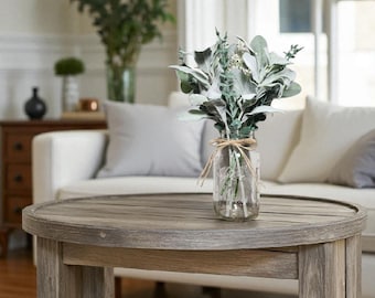 Lambs Ear & Eucalyptus Flower Arrangement, Clear Mason Jar And Greenery, Farmhouse Dining Table Decor, Rustic Wedding Floral Jar Centerpiece