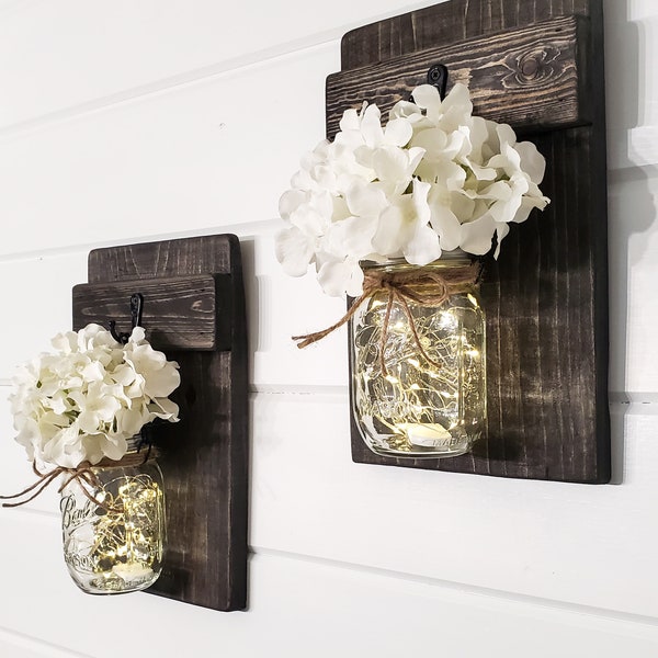 Hanging Mason Jar Sconce Set With Lights, Fairy Lit Mason Jar Planters, Rustic Wood Wall Sconce, Ball Jars With Lights, Farmhouse Wall Decor