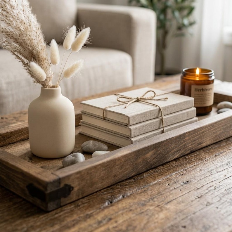 Custom Handmade Rustic Wood Country Style Coffee/Ottoman Tray, Farmhouse Dining Table Decor, Solid Wood Organizer, Serving Tray/Catchall Box image 2