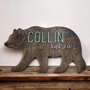 May include: Wooden bear-shaped sign with the name "COLLIN" in green letters and "andrew" in white script. The bear is a dark brown color and is displayed on a wooden surface. A decorative item for a child's room.