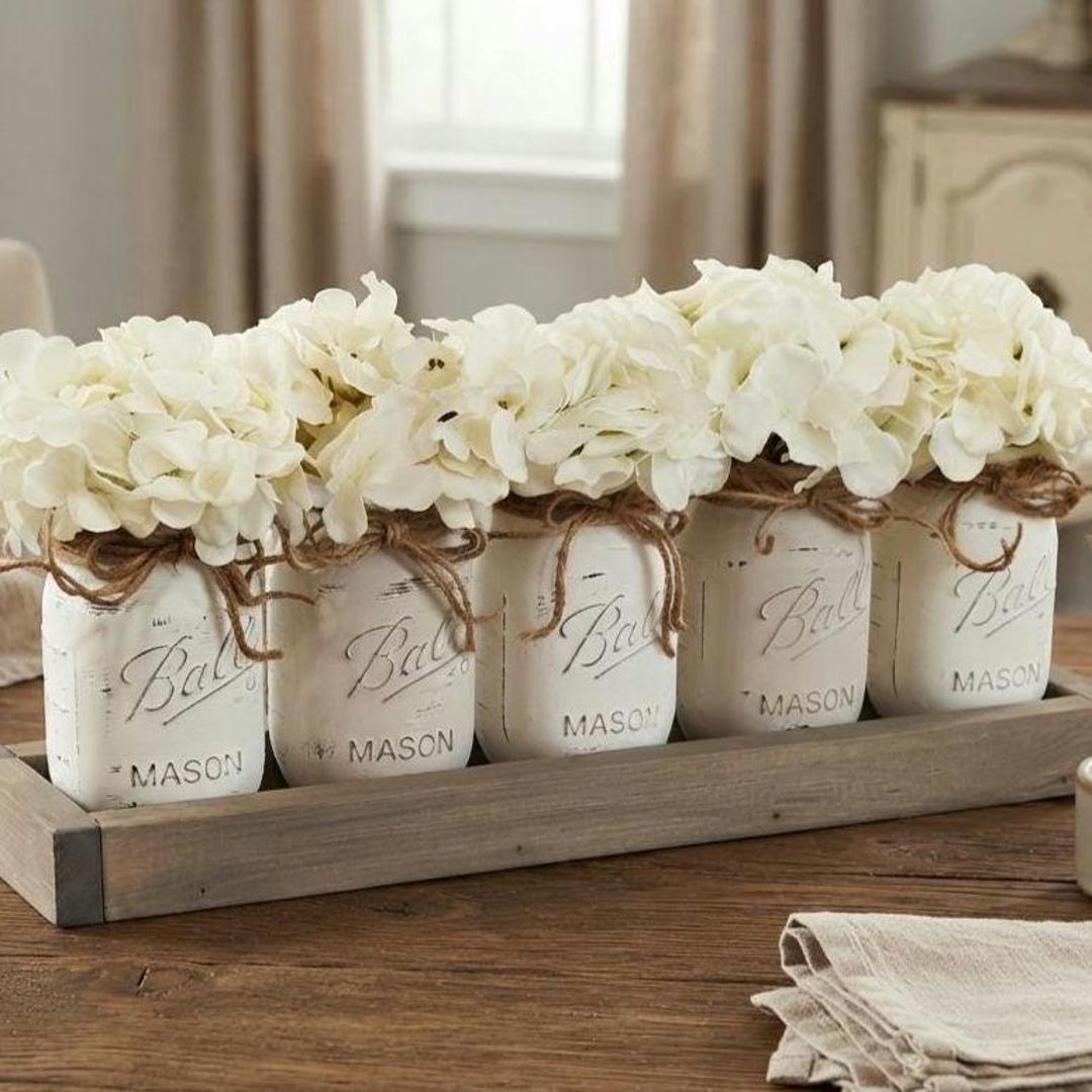 5 Jar Hydrangea Flower Centerpiece, Wooden Tray, Distressed Mason