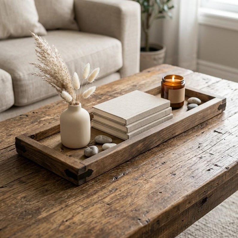 Custom Handmade Rustic Wood Country Style Coffee/Ottoman Tray, Farmhouse Dining Table Decor, Solid Wood Organizer, Serving Tray/Catchall Box image 1