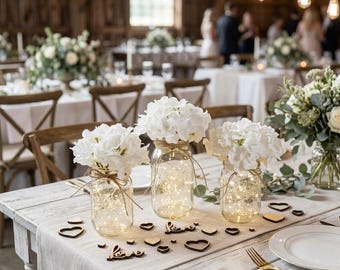 Clear Mason Jars With Fairy Lights & Hydrangea Flowers, Farmhouse Wedding, Light Up Jars, Romantic Theme, Rustic Wedding, Table Centerpieces