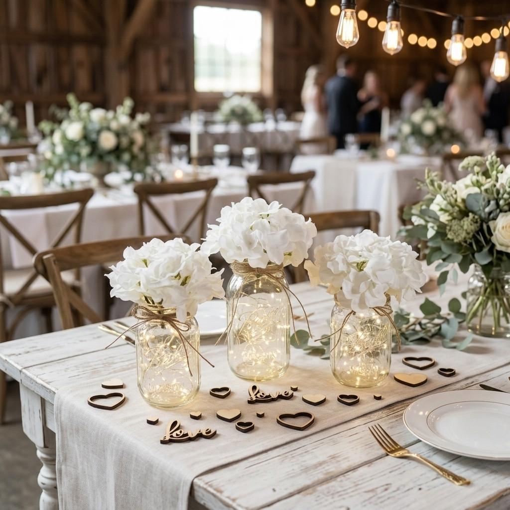 Clear Mason Jars With Fairy Lights & Hydrangea Flowers
