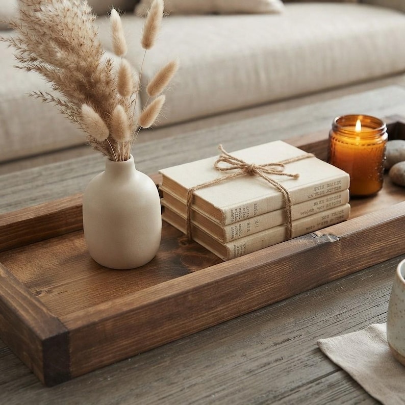 Custom Handmade Rustic Wood Country Style Coffee/Ottoman Tray, Farmhouse Dining Table Decor, Solid Wood Organizer, Serving Tray/Catchall Box image 7