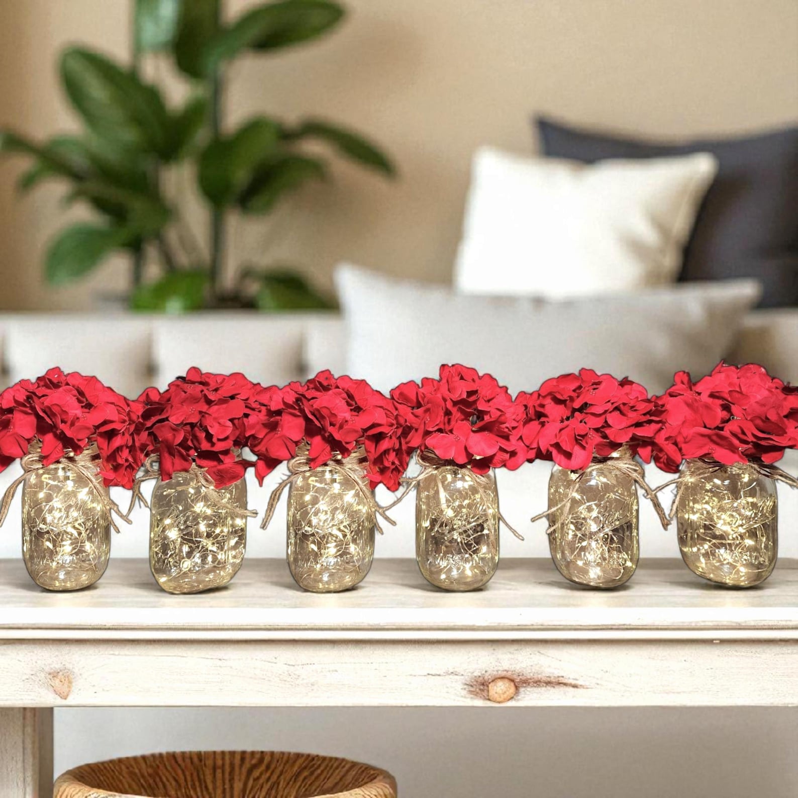 Set of 6 Clear Ball Mason Jars With String Lights  Hydrangea Flowers Romantic Theme Light Up Jars Farmhouse Wedding Lit Centerpiece Set