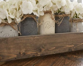 5 Jar Hydrangea Flower Centerpiece, Country Farmhouse Home Decor, Wooden Planter Box, Distressed Ball Jars, Rustic Wedding/Event Table Decor