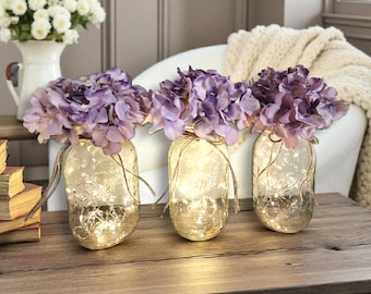 Clear Mason Jar With Lights & Hydrangea Flowers, Modern Farmhouse, Baby/Bridal Shower Decor, Rustic Wedding Decor, Lighted Table Centerpiece