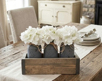 3 Jar Hydrangea Table Centerpiece, Farmhouse Home Decor, Distressed Ball Jars, Wooden Flower Planter Box, Rustic Wedding/Event Table Decor
