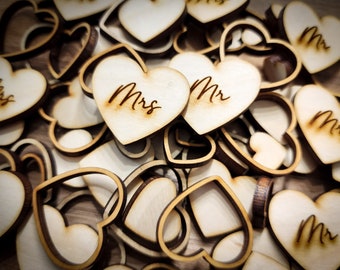 Mr & Mrs Engraved Wooden Heart Confetti, Wood Wedding Confetti, Wedding Table Scatter, Engraved Hearts, Heart Cut Outs, Rustic Wedding Decor