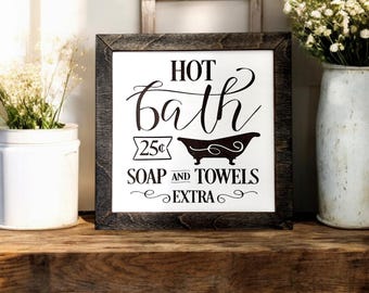Vintage Farmhouse Hot Bath Sign, Farmhouse Decor, Engraved Wood Sign, Farmhouse Sign, Farmhouse Bathroom, Bathroom Wall Art, Bathroom Signs