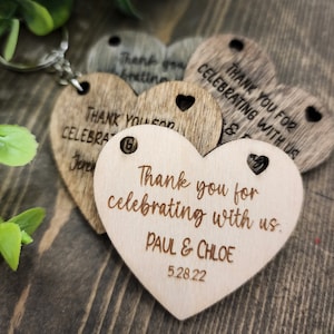 Custom Heart Wedding Party Favors, Personalized Wood Heart Tags, Wedding Key chains, Engraved Wedding Favors, Wedding Gifts, Thank You Gifts