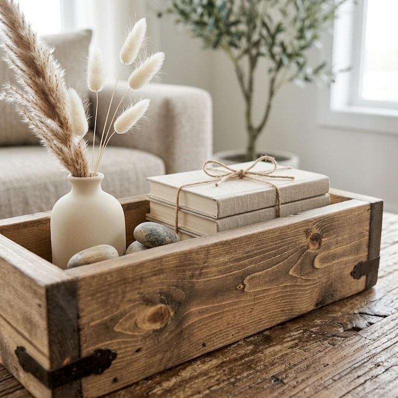 Custom Handmade Rustic Wood Country Style Coffee/Ottoman Tray, Farmhouse Dining Table Decor, Solid Wood Organizer, Serving Tray/Catchall Box image 5