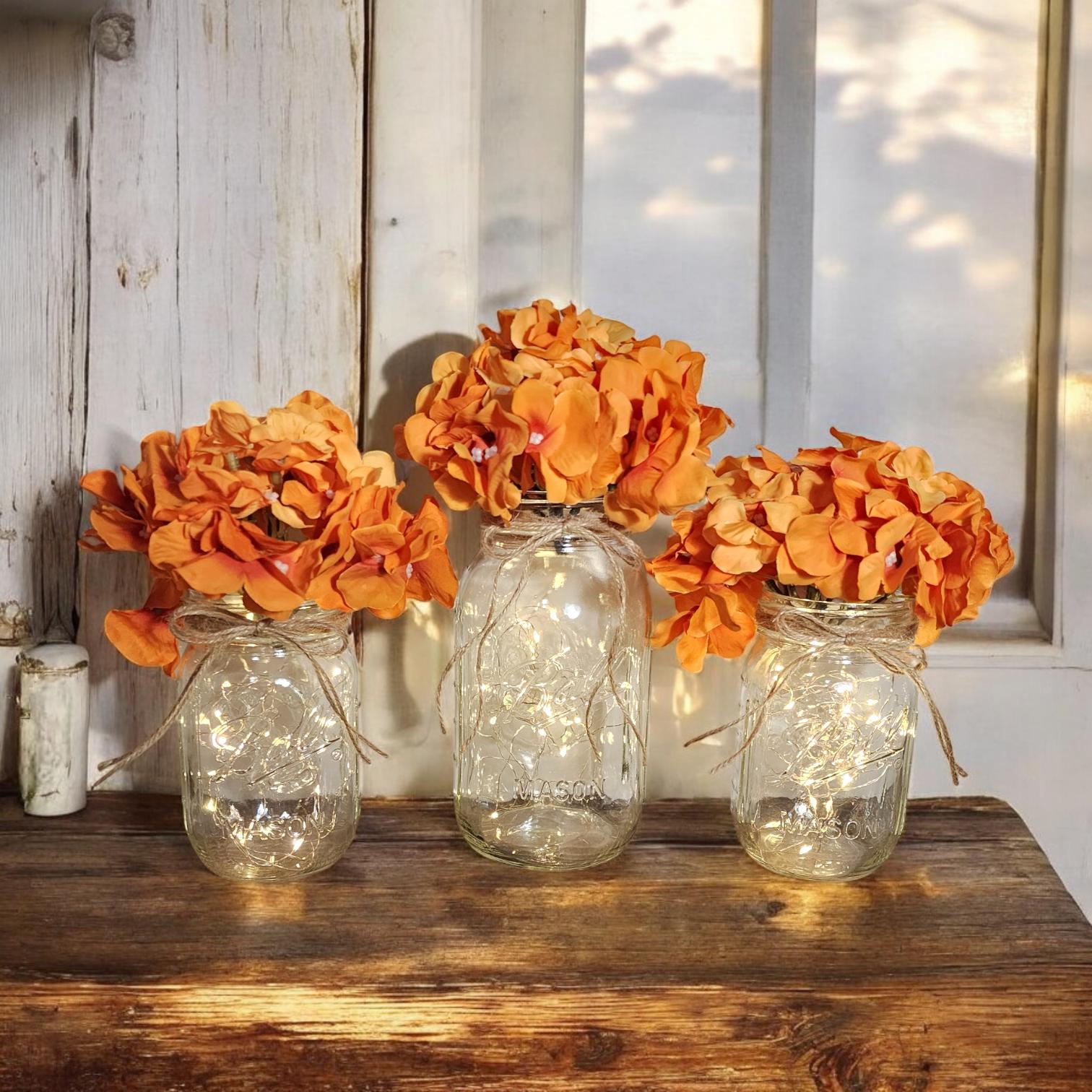 Farmhouse Decor Lit Floral Jar Centerpiece Set, 3 Clear Jars With