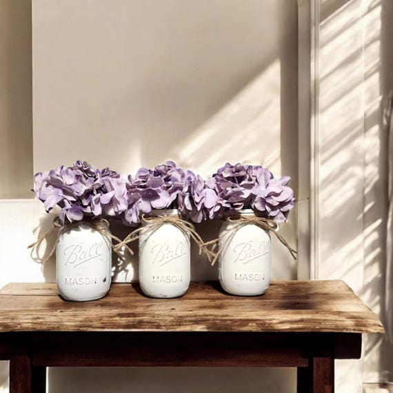 Set of 3 Chalk Painted Mason Jars, Faux Hydrangea Flowers, Vintage Style, Distressed Ball Jar, Flower Arrangement, Farmhouse Chic Home Decor