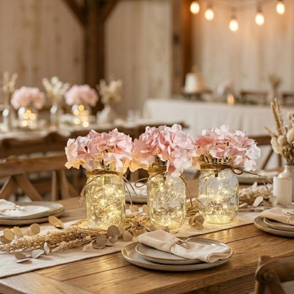Clear Mason Jars With Lights & Hydrangea Flowers, Farmhouse