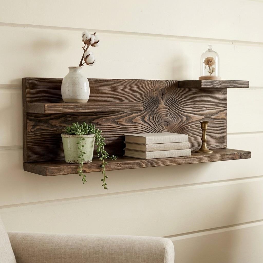 Rustic Solid Wood 3 Tier Display Shelf, Modern Farmhouse Floating