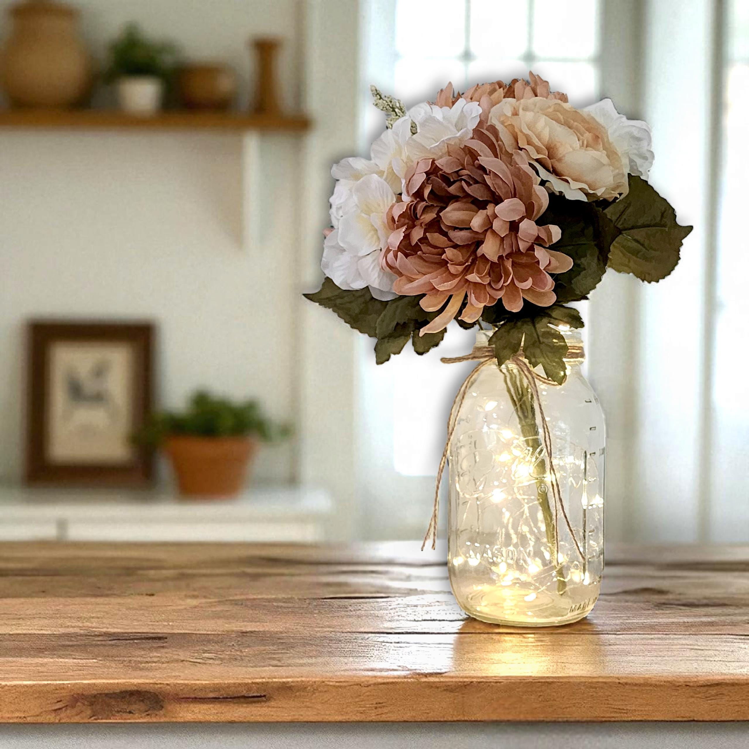 Clear Lit Mason Jar With Mums & Hydrangea Flowers