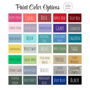 May include: A chart of paint color options with names for each color. The colors include berry pink, coral, rose, apple red, deep red, candy pink, silver lilac, French lilac, grape, granite, French blue, aqua, vintage teal, wildflower blue, lagoon, lemongrass, breezeway, mint, moss green, sage, spring green, green apple, heirloom white, fossil, gold metallic, stone gray, winter gray, white, silver metallic, hammered pewter, hunter green, deep forest, midnight blue, deep blue, and black.