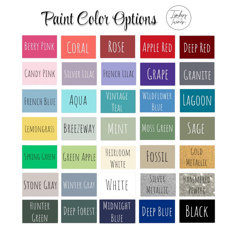 May include: A chart of paint color options with names for each color. The colors include berry pink, coral, rose, apple red, deep red, candy pink, silver lilac, French lilac, grape, granite, French blue, aqua, vintage teal, wildflower blue, lagoon, lemongrass, breezeway, mint, moss green, sage, spring green, green apple, heirloom white, fossil, gold metallic, stone gray, winter gray, white, silver metallic, hammered pewter, hunter green, deep forest, midnight blue, deep blue, and black.