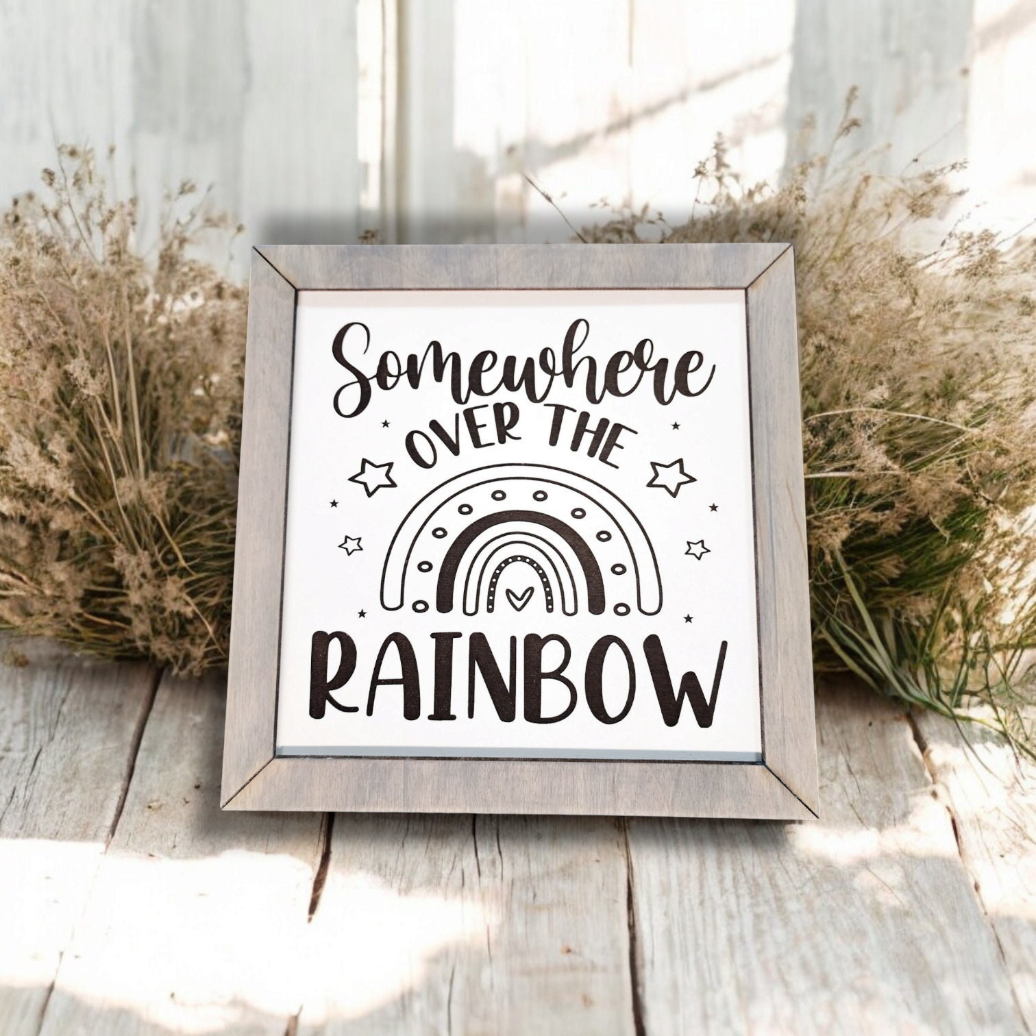 Somewhere Over the Rainbow, Square, Engraved Wood Sign, Boho