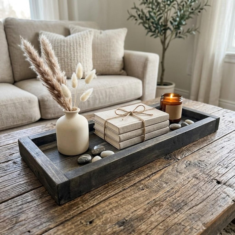 Custom Handmade Rustic Wood Country Style Coffee/Ottoman Tray, Farmhouse Dining Table Decor, Solid Wood Organizer, Serving Tray/Catchall Box image 9