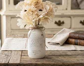Distressed Jar & Cream Hydrangeas, Boho Strawflower Arrangement, Farmhouse Centerpiece, Vintage Flower Arrangement, Home/Wedding Decor, Gift