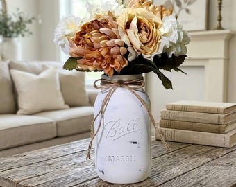 Boho Chic, Faux Flower Centerpiece, Distressed Ball Jar, Cream Mums Hydrangeas & Ranunculus, Fall Neutral, Seasonal Home/Wedding Decor, Gift