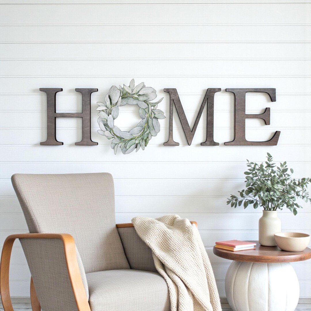 Home Wall Letters With Lamb's Ear Wreath, Wooden Home Sign