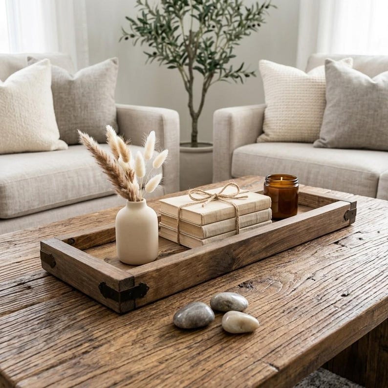 Custom Handmade Rustic Wood Country Style Coffee/Ottoman Tray, Farmhouse Dining Table Decor, Solid Wood Organizer, Serving Tray/Catchall Box image 4